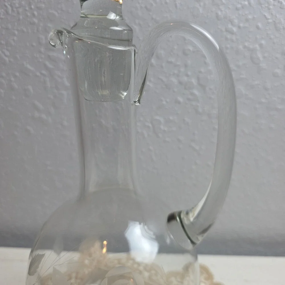 Vintage Etched Floral Rose Glass Decanter with‎ Ball Stopper and Handle Clear